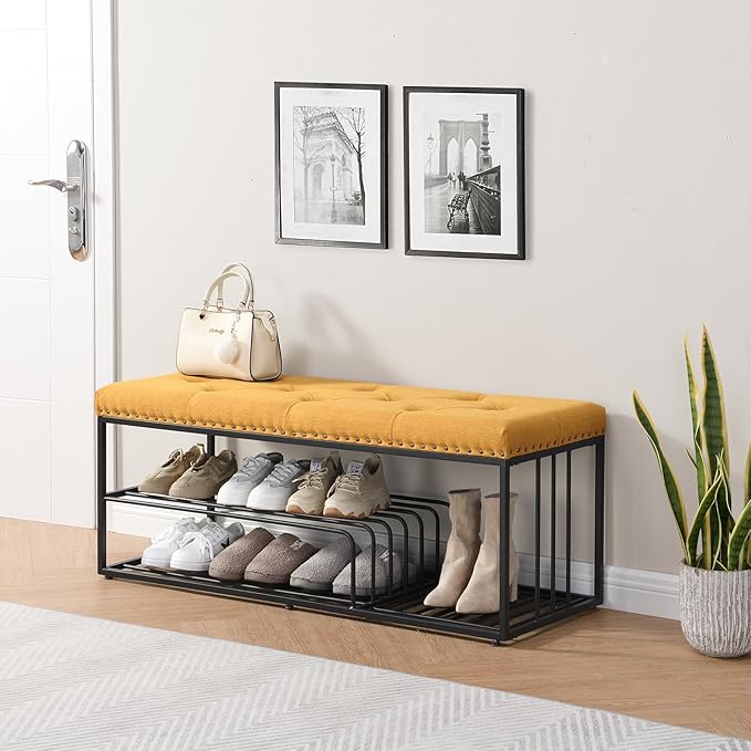 End of Bed Bench-Upholstered Entry Shoe Storage with Nailhead Trim,Black Mental Frame Ottoman Bench for Bedroom Entry Window Mudroom Living Room,Yellow