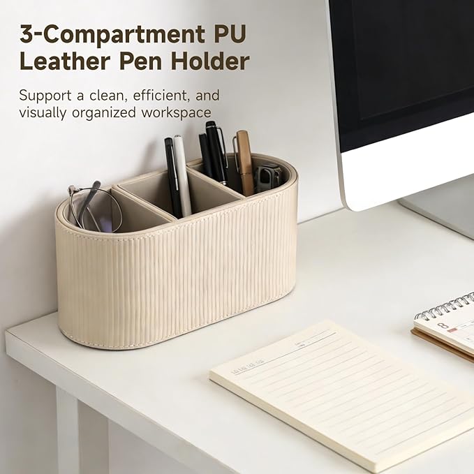 OMISTAR 3-Compartment PU Leather Pen Holder, Desk Organizer Stylish Bedside Remote Holder Nightstand, Eyeglasses/Stationery/Makeup Brush Storage Box, Long-Lasting Desk Accessories, 8.9 x 4 x 4.1 in