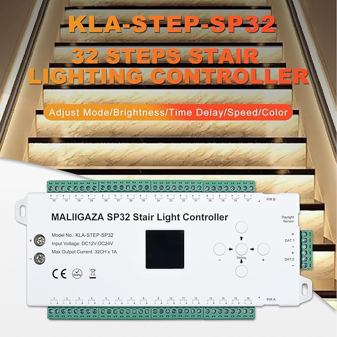 Motion Sensor LED Stair Controller, 32 Channel PIR Motion Sensor Dynamic Staircase Running Flow Light Automatic Stair Lighting Controller for Stairway Step Light Indoor (Not Including Strip)