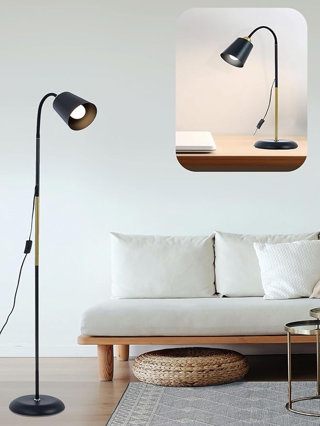 AoMck Floor Reading Lamp, Industrial Metal Floor Lamps for Living Room with Adjustable Bendable, 2 in 1 Reading Table Lamps for Living Room Bedroom Office, 12W Bulb Included (Black)