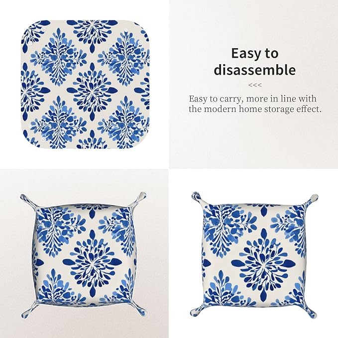 Simple Minimal Blue Floral Pattern Valet Tray Leather Portable Tray Desktop Storage Organizer Bedside for Men Women Jewelry Keys Coin Candy Sundries