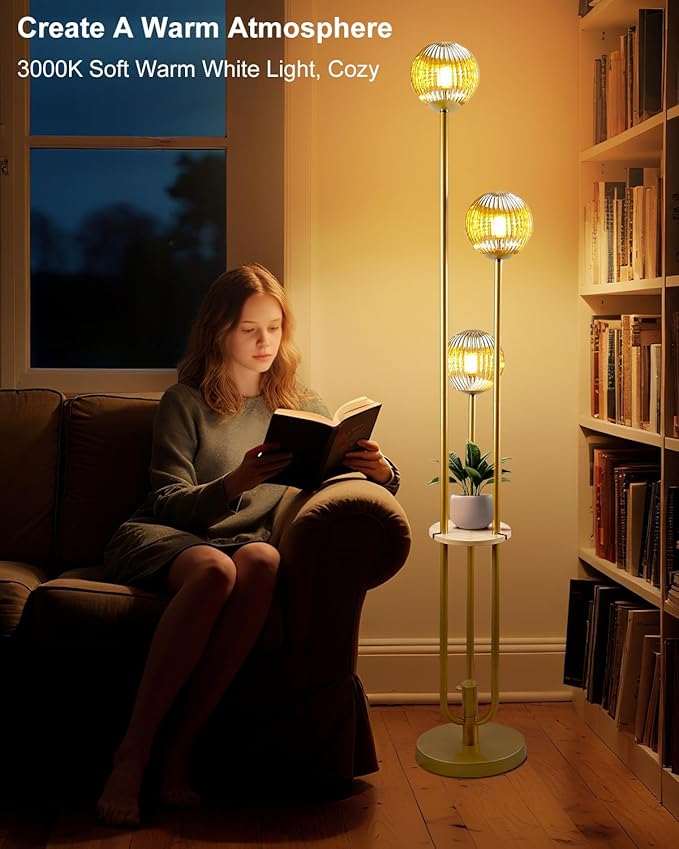 Lightdot Glass Floor Lamp with Shelf, 63IN Dimmable Mid Century Modern Gold Standing Lamps with 3 3000K Bulbs Included, Globe Floor Lamp for Living Room/Wedding/Office//Sofa Beside/Corner Decor