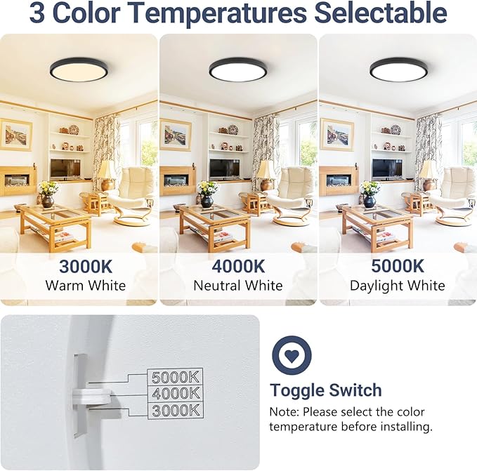 6 Pack 15.8Inch 3520LM LED Flush Mount Ceiling Light, 32W 3000K/4000K/5000K 3CCT Seletable, Round LED Ceiling Light for Bedroom Living Room Kitchen Hallway Office,Black