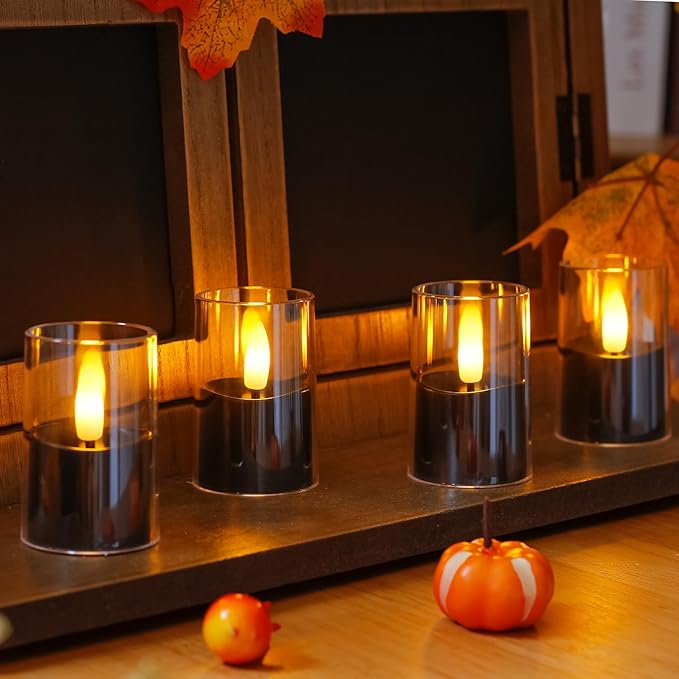 8pcs Halloween Battery Operated 1.7" x2.5" Clear Acrylic Remote LED Tea Lights, Flameless 2/4/6/8h Timer Fake Black Bulk Votive Candles with Batteries, Flickering Pure Plastic Tealights