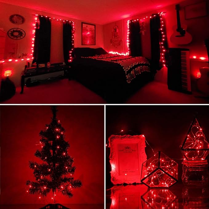RUICHEN Plug in Fairy Lights with Switch, Waterproof 33 Ft 100 LED Silver Wire Starry String Firefly Lights for Christmas, Mother's Day, Thanksgiving, Parties, Ceiling, Vases, Craft, Red