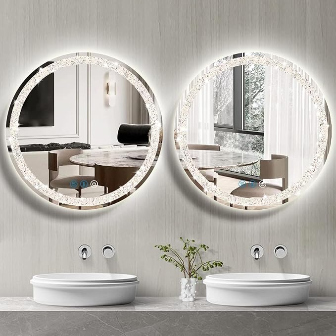 THEKLA 24 Inch Bathroom Crystal LED Round Mirror with Lights Memory 3 Color Dimmable Crystal AntiFog Round Lighted Vanity Mirror for Bathroom Wall 24" Diamond Circle Light up Vanity Mirror with Lights