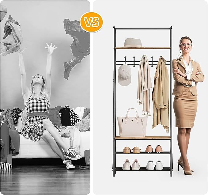 Coat Rack Shoe Bench with 5 Hooks, Entryway Hall Trees with Storage, Multifunctional Hallway Organizer, Wood Look Accent Furniture with Metal Frame, 4-in-1 Hall Trees Shoe Bench (1 Row-5 Hooks)