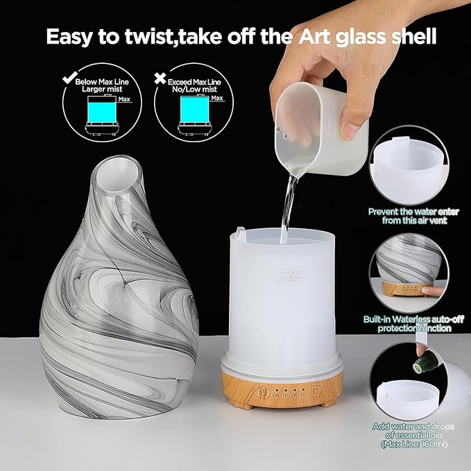 Essential Oil Diffuser, Art Glass Ultrasonic Aromatherapy Diffuser for Home 160ml with Intermittent Mist & LED 7 Colorful Changing Night Light for Bedroom-Ink Dyeing Time