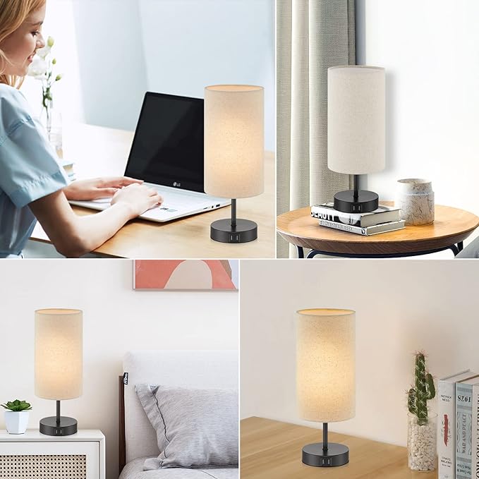 Touch Control Bedside Lamp with 2 USB Ports, 3-Way Dimmable Table lamp for Bedroom, Nightstand Lamp with Round Linen Fabric Shade for Living Room Home Office (E26 LED Bulb Included)