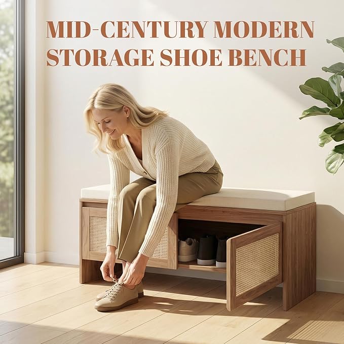 Rattan Entryway Bench with Cushion, Mid-Century Modern Shoe Cabinet with 2 Rattan Doors, Storage Bench for Hallway, Antique Natural