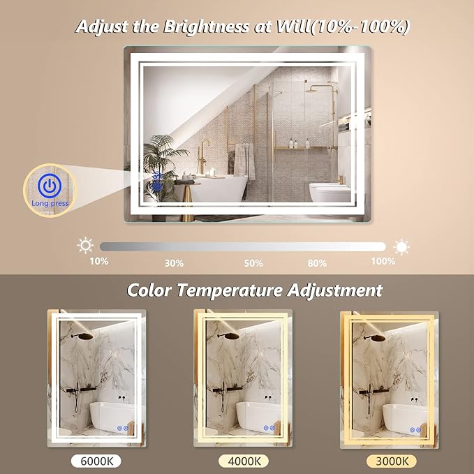 LED Lighted Mirror, 20x28 Inch Bathroom Vanity Mirror Wall Mounted with 3000K/4000K/6000K Adjustable, Anti-Fog, Smart Touch Button, Stepless Dimmable Makeup Mirror, Horizontal/Vertical