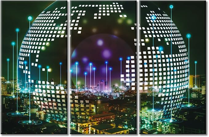 Wall Decor City with Wireless Network Connection Concept Posters and Prints 3 Piece Abstract Communication Technology Concept Art Prints Wall Art Giclee Print Gallery Packaging Artwork (60"Wx40"H)