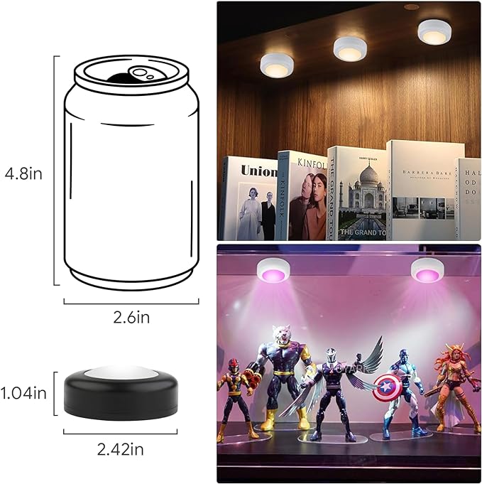 Yiliaw 12 Pack LED Puck Lights Remote Control 16 Color Changeable Under Cabinet Lights, Battery Operated Lights Night Light with Dimmer & Timmer for Closet Bedroom Kitchen, Black