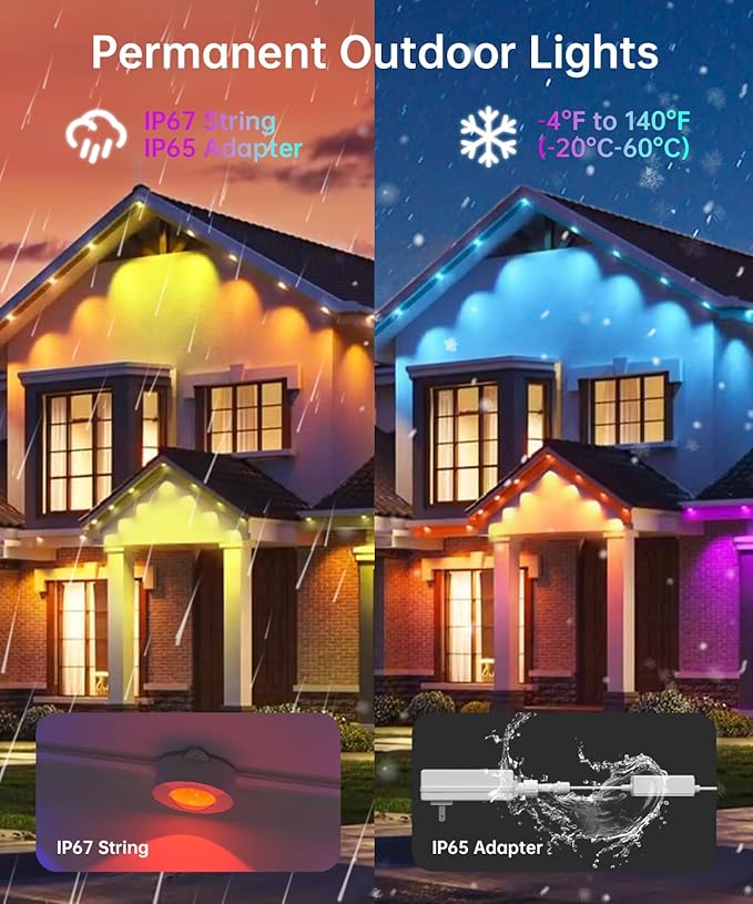 Smart Permanent Outdoor Lights, 50ft with 36 LED RGB String Lights, IP67 Waterproof Eaves Light with 44 Scene Modes for Halloween Christmas Birthday Holiday Party, APP/Voice/Remote Control