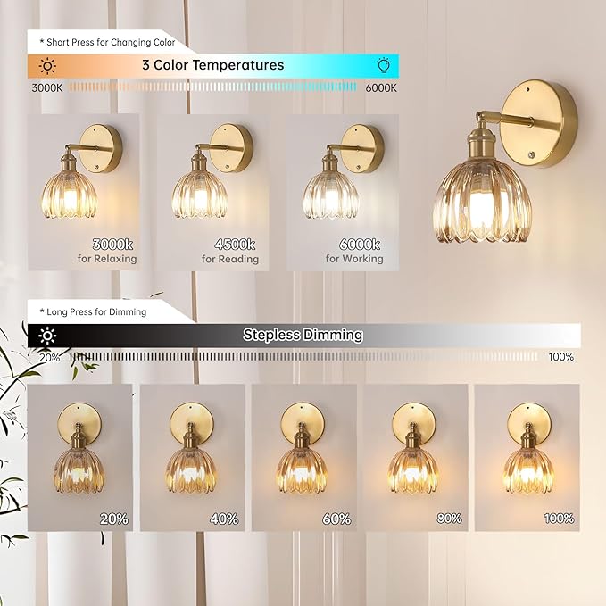 Battery Operated Vintage Wall Sconces with Amber Tulip Glass Lampshade Battery Powered Wall Lighting for Bedside Bedroom Doorway, Set of 2