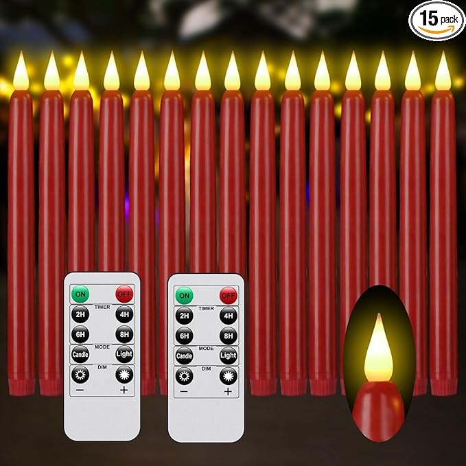 Flameless Taper Candles with Remote Control and Timer, Battery Operated LED Candlesticks with Flickering 3D Flame, 9.6×0.8 Inches Plastic Tall Candles for Christmas, Wedding and Home Decor (Red, 15)