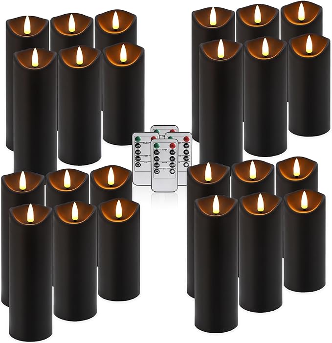 Set of 24 Flickering Black Flameless Candles, Battery Operated LED Pillar Candles with Remote Control and Timer Essential forfor Home Decor&Festival Celebrations&Table Decorations&Wedding.