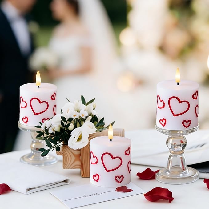 Valentine Day Flameless Pillar Candles with Remote, Real Wax Battery Operated Candles, 3 Pack Flickering LED Heart Candle for Proposal Wedding Anniversary Romantic Night