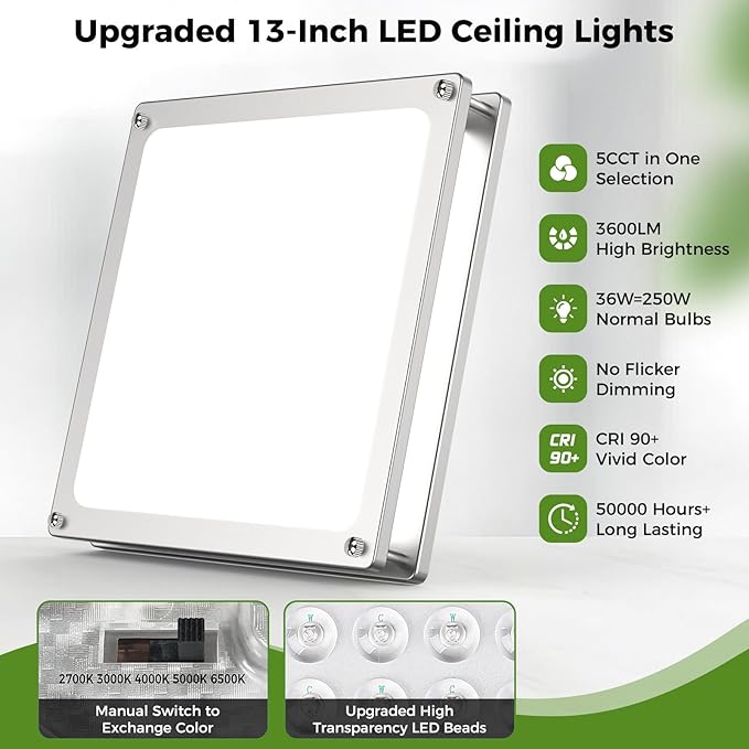 13 Inch Dimmable LED Ceiling Lights for Bedroom, 1-Pack 36W Square Flush Mount Light Fixtures, 3200LM Super Bright 2700K/3000K/4000K/5000K/6500K Adjustable Modern Lamps for Kitchen Bathroom Hallway