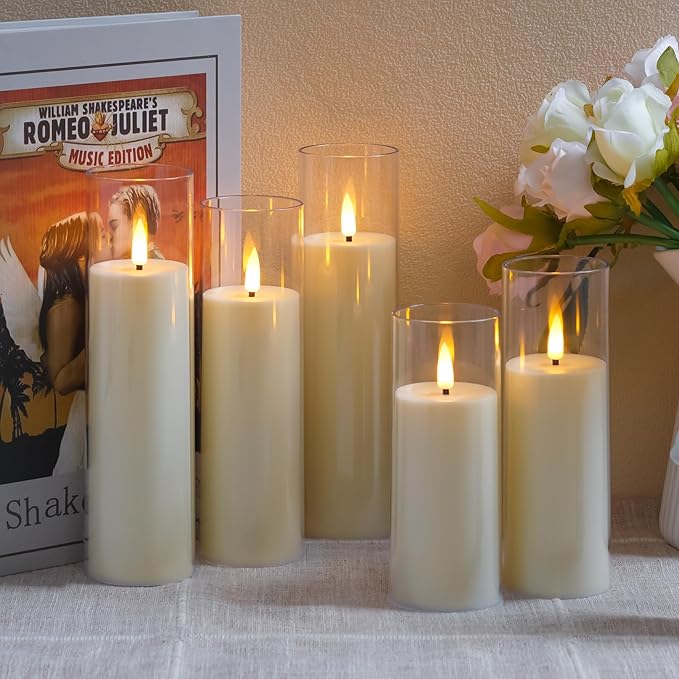 Acrylic Flameless Flickering Candles with Remote Control and Timer, Battery Operated LED Fake 2.2" x 5",6",7",8",8" Plastic Pillar Candles for Home Decor(Long-Lasting, Ivory)