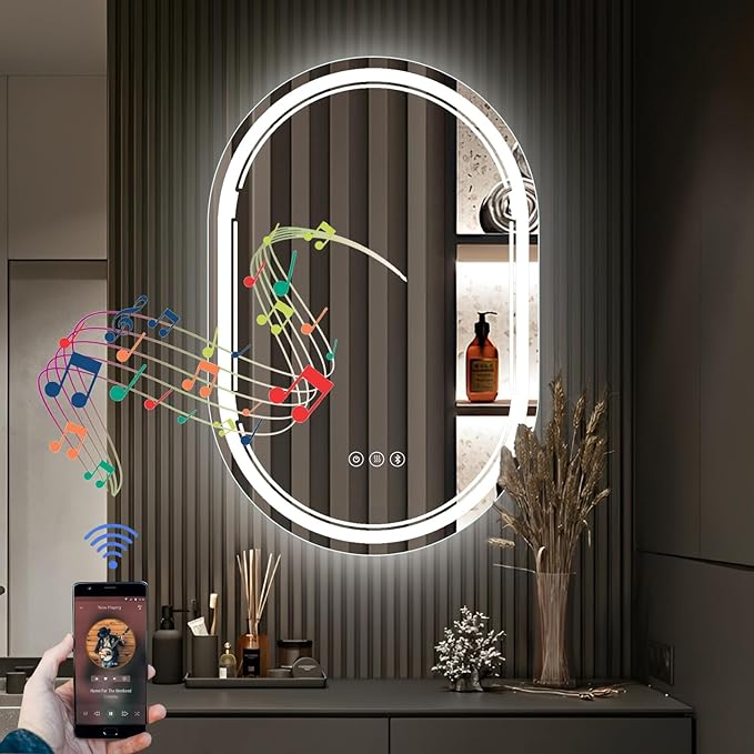 24''X36'' Oval LED Bathroom Mirror with Lights, Built-in Bluetooth Speaker, Anti-Fog Dimmable 3 Lights Setting Backlit + Front Lit, Lighted Vanity Makeup Wall Mirrors, Shatter-Proof IP65 Waterproof