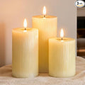 DRomance Battery Operated Flameless Candles with 6 Hour Timer 3 Pack Real Wax Vertical Stripe 3D Wick Flickering LED Pillar Candles Dinner Wedding Christmas Holiday Decor(Ivory, 3" D x 5", 6", 7" H)