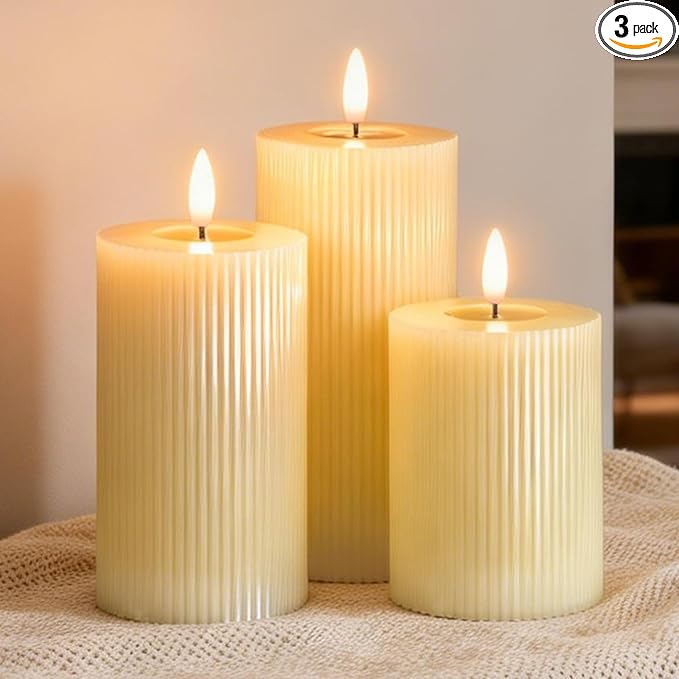 DRomance Battery Operated Flameless Candles with 6 Hour Timer 3 Pack Real Wax Vertical Stripe 3D Wick Flickering LED Pillar Candles Dinner Wedding Christmas Holiday Decor(Ivory, 3" D x 5", 6", 7" H)