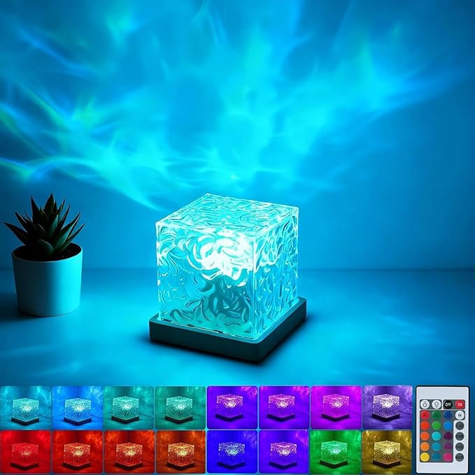 Aurora Ocean Wave Lights Projector, Cordless Rechargeable,16 Colors Changing Light Dimmable Mood Lighting, Remote Crystal Night Lamp with Dynamic Ripple Effect for Bedroom Playroom Decor Kids Teens