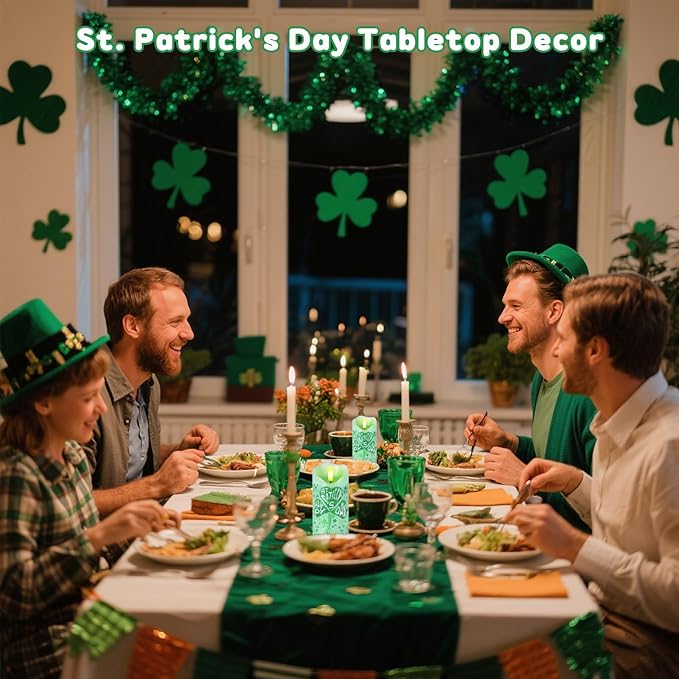 Flameless Candles Set of 2, 6"x3" Flickering Shamrock LED Candles with Remote & Timer, Real Wax St. Patrick's Day Electric Pillar Candles Battery Operated for Home St. Patrick's Day Decor (Clover)