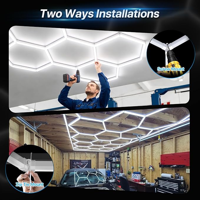 HYPERLITE Gen 2 Hexagon LED Lights: 105W 10500LM 3 Grids DIY Hexagon Led Lights, 6500K Ultra Bright, Easy Install, Durable Design for Garage, Car Detailing, Workshops, Basement, Gym