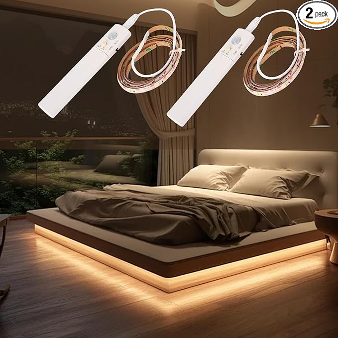 2 pcs Battery Powered motion sensor light strip,indoor,closet lights,flexible self adhesive led strips lights,hallway light,warm bedside lights,stair,bedroom,kitchens,living room,corridors,Cabinet