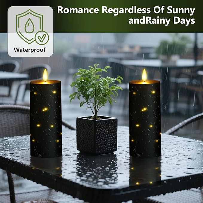 10" x 4" Large Outdoor Waterproof Flickering Flameless Candles with Timer,2Pcs Battery Operated LED Pillar Candles with Embedded Star String for Outdoor Lanterns,Porch,Patio Decor(Black)