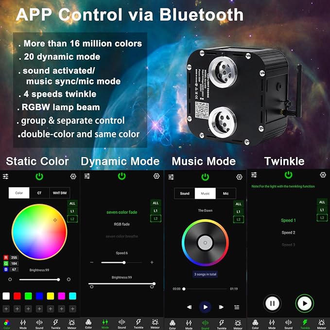 AZIMOM Updated Dual Color 50W Twinkle Fiber Optic Starlight Kits 2000pcs*0.03in*16.4ft Fiber Strands Sound Activated Bluetooth/APP Remote Control Theater Ceiling Home Shop Lobby Roof Decor
