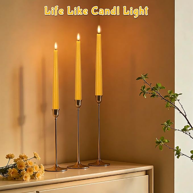 Yellow Flameless Taper Candles with Remote, 9.6 Inches Real Wax Battery Operated Candles, 3 Pack Flickering LED Candlesticks, Tall Taper Fake Candles for Home, Wedding, Party
