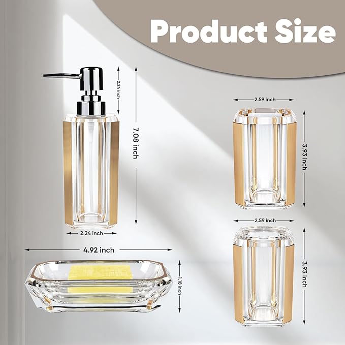 4-Piece Gold Bathroom Accessories Set — Soap Dispenser, Soap Dish, Mouthwash Cup & Toothbrush Holder, Acrylic with Brushed Gold Accent, Luxury Bathroom Vanity Countertop Organizer for Home