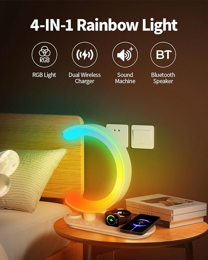 4 in 1 Bluetooth Speaker Night Light with Wireless Charger, Atmosphere Lamp with 24 Soothing Sounds, 16M+ Colors & App Control, Smart Light Sound Machine for Bedroom Home Decor (Golden)