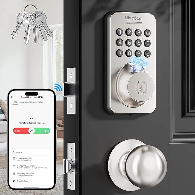 Keyless Entry Door Lock with Handle Set - Built-in WiFi, App Control & Doorbell, Electronic Keypad Deadbolt with One-Time Code, Auto-Locking, Easy to Install, Satin Nickel
