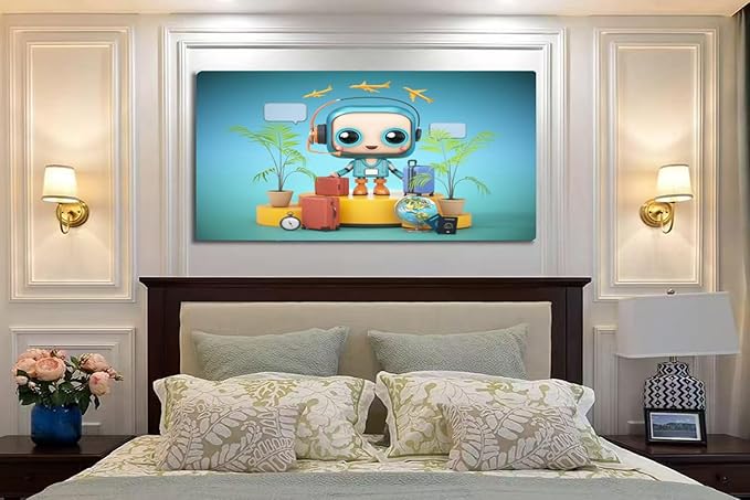 Wibinuki Wall Art Wall Decor Wall Paintings A cheerful travel-themed character stands surrounded luggage for Living Room Bedroom Bathroom Home Decor Can Be Hung Directly 20"x 40"