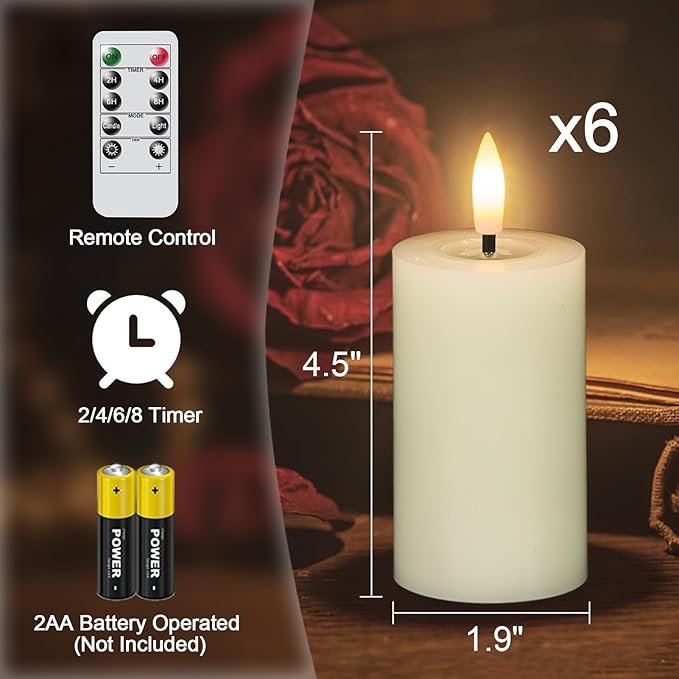 Mirror Surface Votive Candles Battery Operated with Remote Timer, 6pcs Real Wax LED Votive Candle Realistic Flickering for Wreaths Memorial Lantern Φ 2" H 4.5” Ivory Flameless