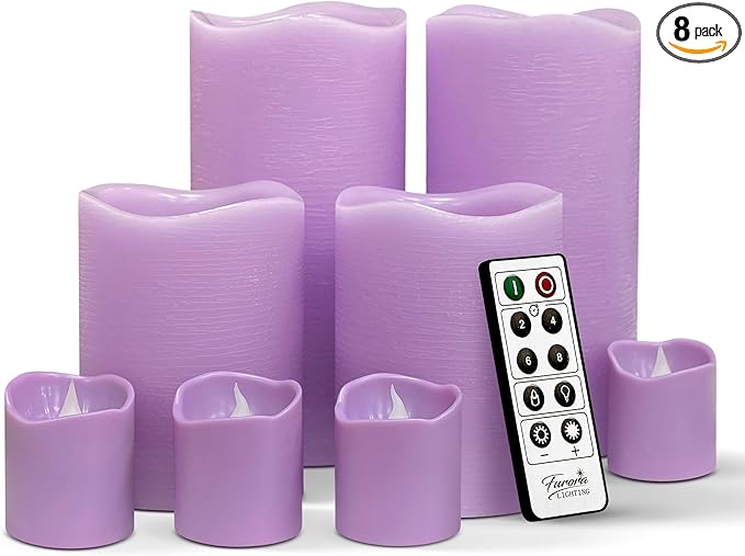 FURORA LIGHTING Purple Real Wax Flameless Candles with Remote and Timer, 4 Pillars and 4 Votives Pack of 8, LED Flickering Candles for Home Décor, Battery Included