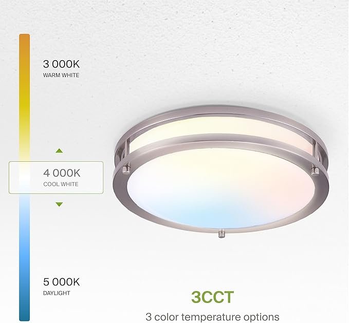 ASD LED 10" Round Flush Mount Lighting, Close to Ceiling Light Fixture | 3CCT, Dimmable, Energy Star, ETL Listed | 16W 1041LM 3000K-5000K 120V | Low Profile Double Ring Lamp | Nickel