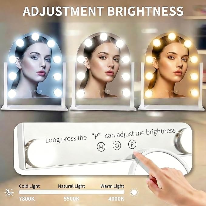 Arched Makeup Vanity Mirror with Lights 14.17"x 11.81" LED Makeup Mirror Detachable 10X Magnification, Hollywood Make Up Mirror with Lighting, Smart Touch, Rechargeable,360° Rotation,(White)