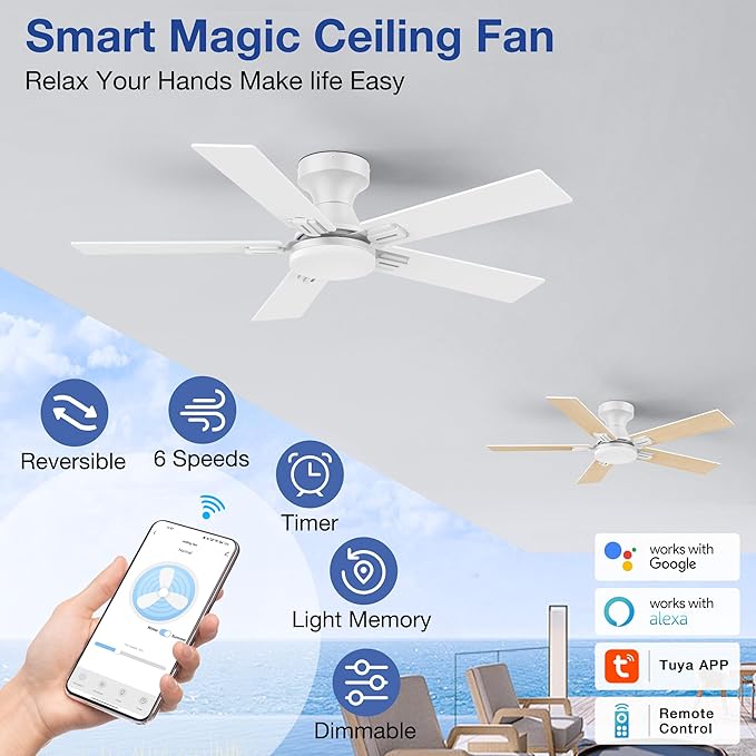 42 Inch Ceiling Fans with Lights,Smart Low Profile Ceiling Fan with Light and Remote Control,Alexa,APP,White Flush Mount Ceiling Fans for Small Bedroom,Patio,Outdoor Indoor Use,Dimmable LED,6 Speed