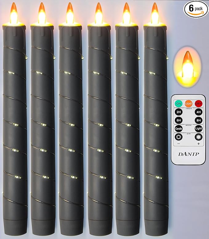 Flameless Candle, (Conical) Patented Starlight String, LED Candle, 11-Key Timing Remote Control, Battery Powered, Dance Flicker Flame, 6 Packs, Christmas Wedding Home Decor(Dark Gray)