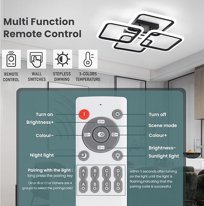 23.6inch Modern LED Ceiling Light 50W Dimmable Ceiling Lamp with Remote Control Square LED Flush Mount Ceiling Light Dining Room, Living Room, Kitchen, Bedroom, Office