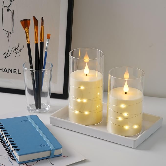 Da by Flickering Flameless Candles with Remote,Acrylic LED Candles with Embedded Star String,Battery Operated Candle, for Home and Holiday Decoration Set of 3（Ivory）