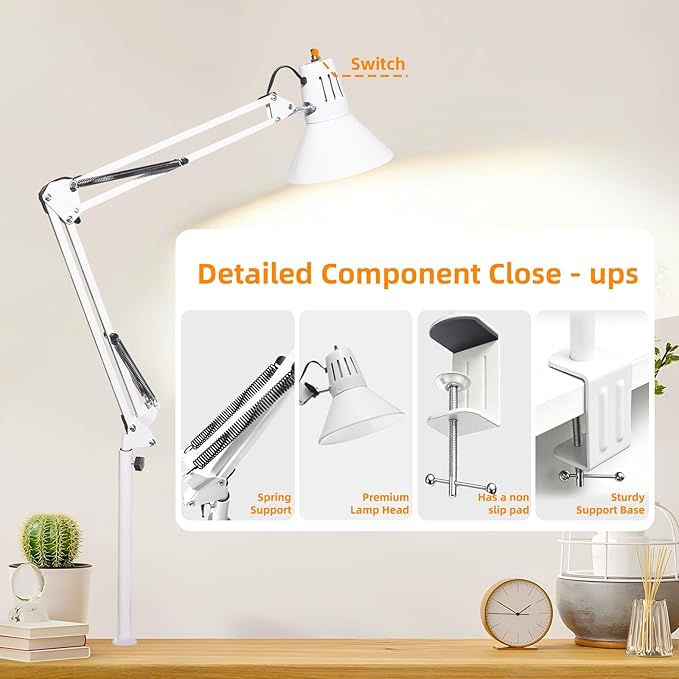LED Desk Lamp With Clamp for Office Home, Eye-Caring Clip on Light with Adjustable Extra Tall Metal Swing Arm, High Intensity Clamp w/A19 E26 Bulb for Working Reading, 3000k Table Lamps Warm Light