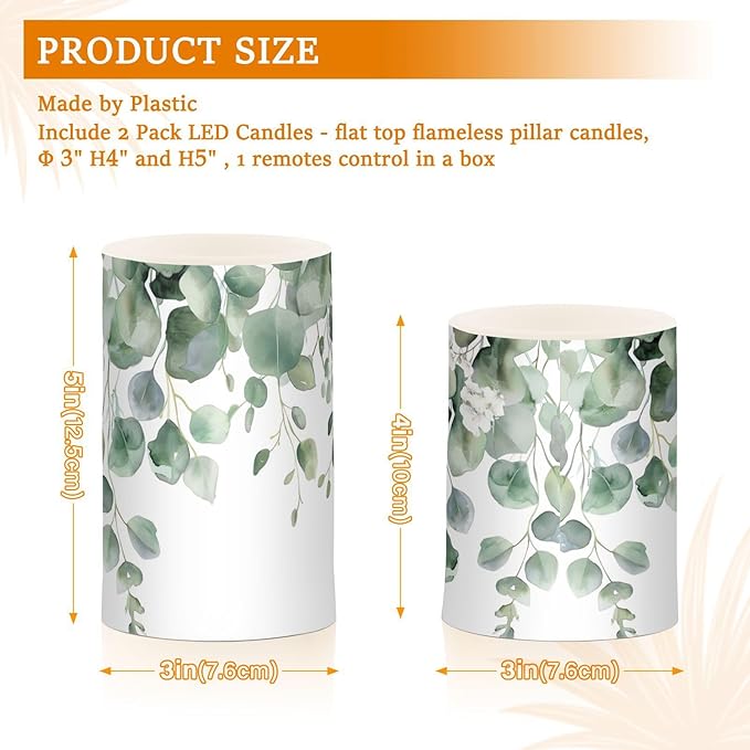 Watercolor Leaf and Flower Pattern Flameless Candles Color Changing LED Candles with Remote Control Battery Candles for Outdoor and Indoor Home and Room Decoration, 3'' x 4''/5'' Set of 2 Pieces