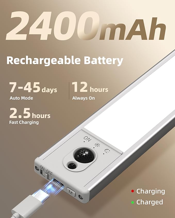 EZVALO 5-Pack Under Cabinet Lighting with Charging Station, 2400mAh Motion Sensor Light, LED Coutner Lights Wireless, 6500K Dimmable, Timer, Magnetic, with Remote Control for Kitchen, Closet, Stair