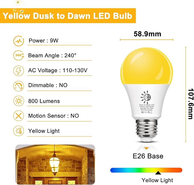 Flaspar Dusk to Dawn LED Yellow Bug Light Bulbs Outdoor 60W Equivalent, Amber Yellow Bug Light Bulb for Outside, Auto On/Off 9W 2000K A19 LED Bug Photocell Sensor Lights for Patio, Porch, 2 Pack